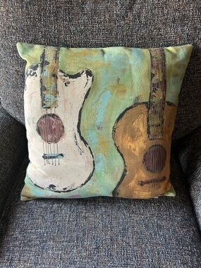 Decorative Guitar Accent Pillow in Teal and Cream